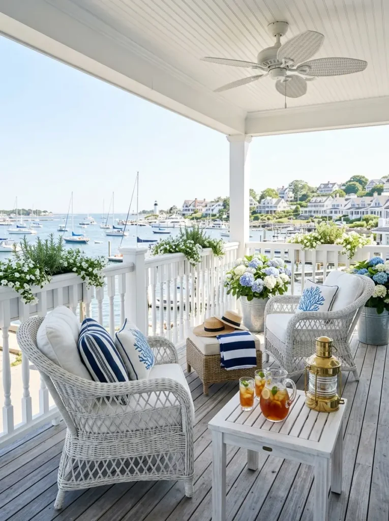 A bright coastal balcony with white wicker armchairs blue patterned pillows a pitcher of iced tea and blooming hydrangeas facing a harbor.
