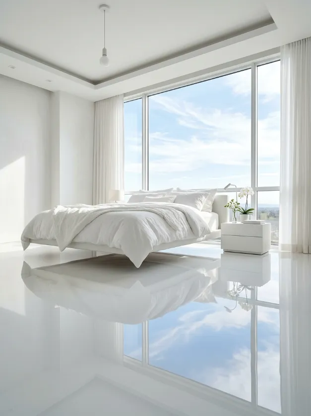 Modern white bedroom with high gloss reflective floor tiles.