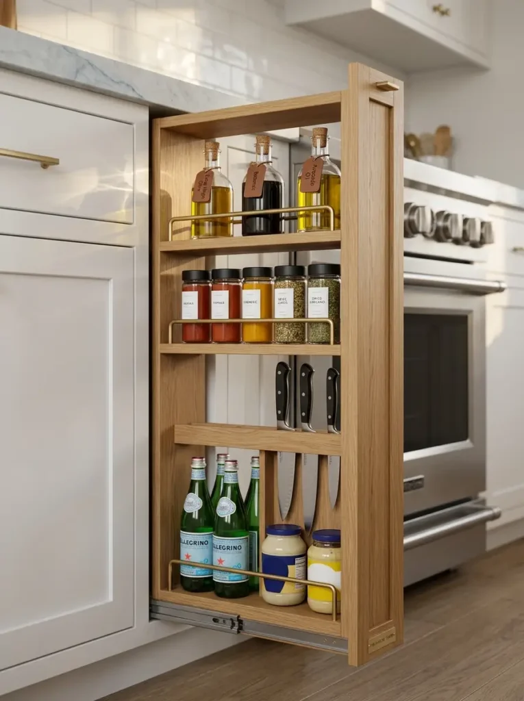 Narrow Pull Out Kitchen Pantry Thin wooden sliding cabinet next to an oven holding oils and cooking knives securely.