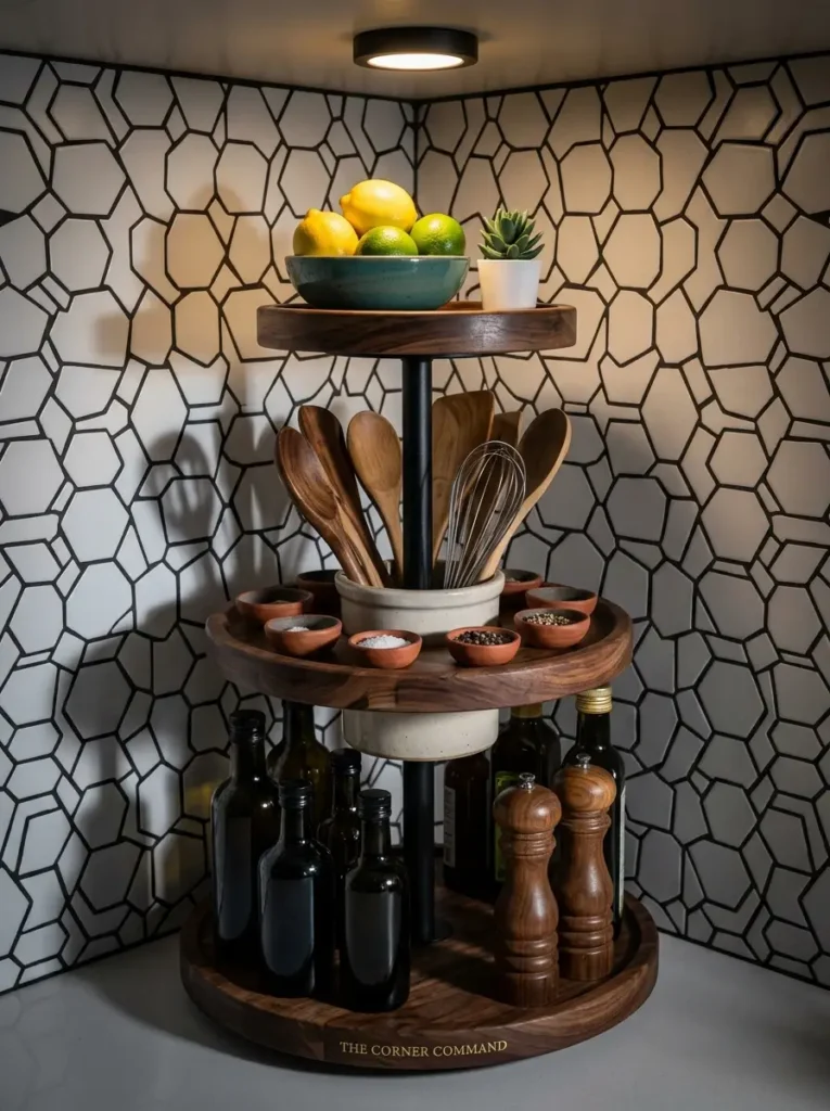 Tiered Wooden Corner Carousel Three tier wooden rotating shelf sitting in a corner holding kitchen tools and lemons.
