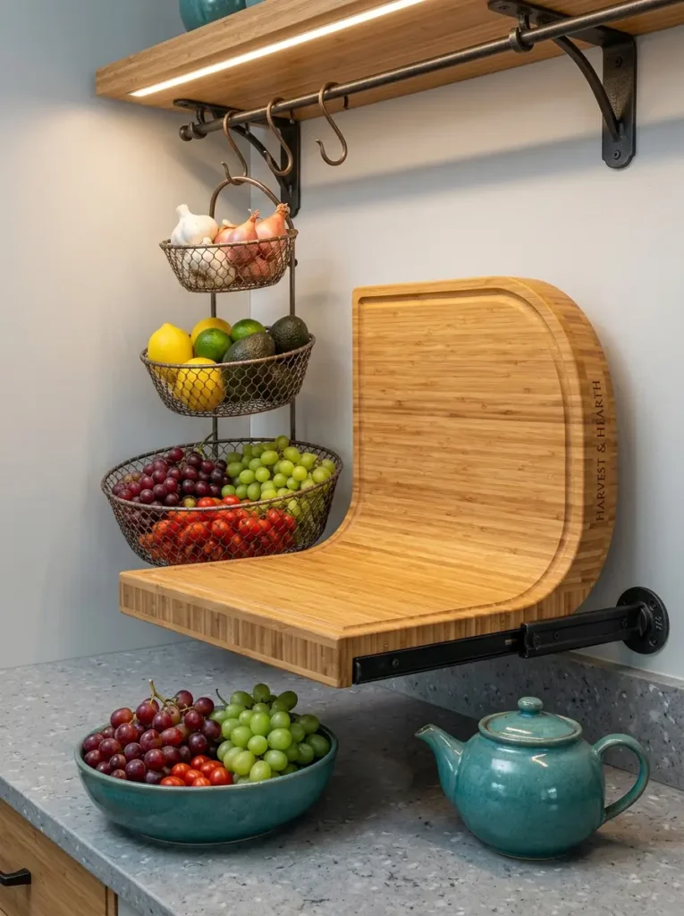 Wall Mounted Fold Down Prep Station Bamboo cutting board attached to a wall folded down over a counter next to hanging baskets.