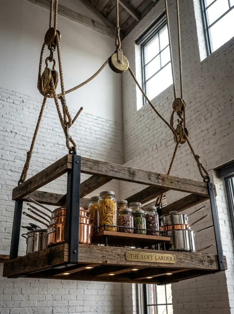 Suspended Wooden Storage Crate Rustic wooden crate hanging from a high ceiling by ropes holding shiny pots and jars.