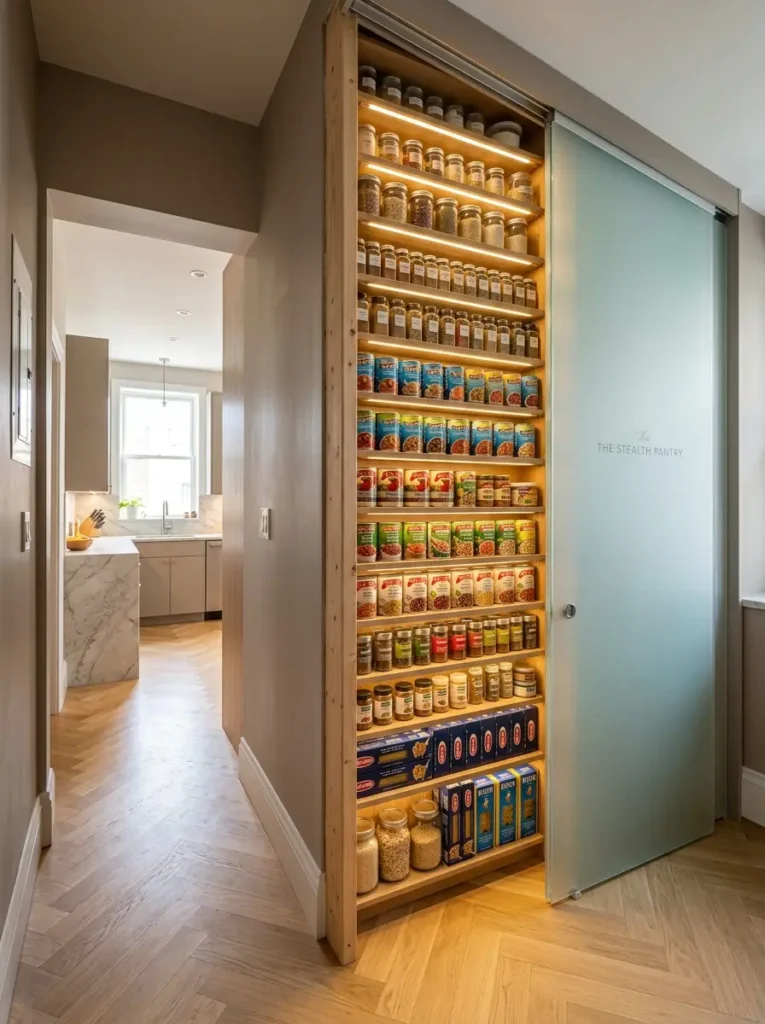 Shallow Recessed Hallway Pantry Frosted glass door slid open to reveal a shallow wall pantry filled with canned goods.