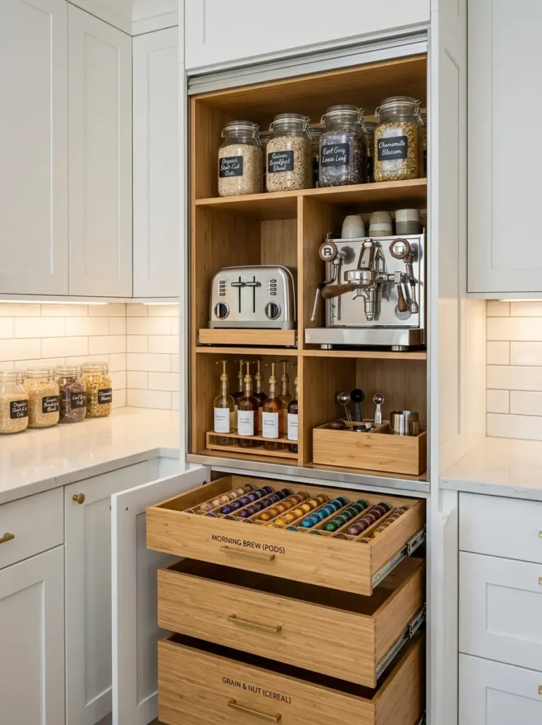 Complete Hidden Breakfast Cabinet Tall white cabinet opened to show a coffee machine toaster and drawers full of pods.