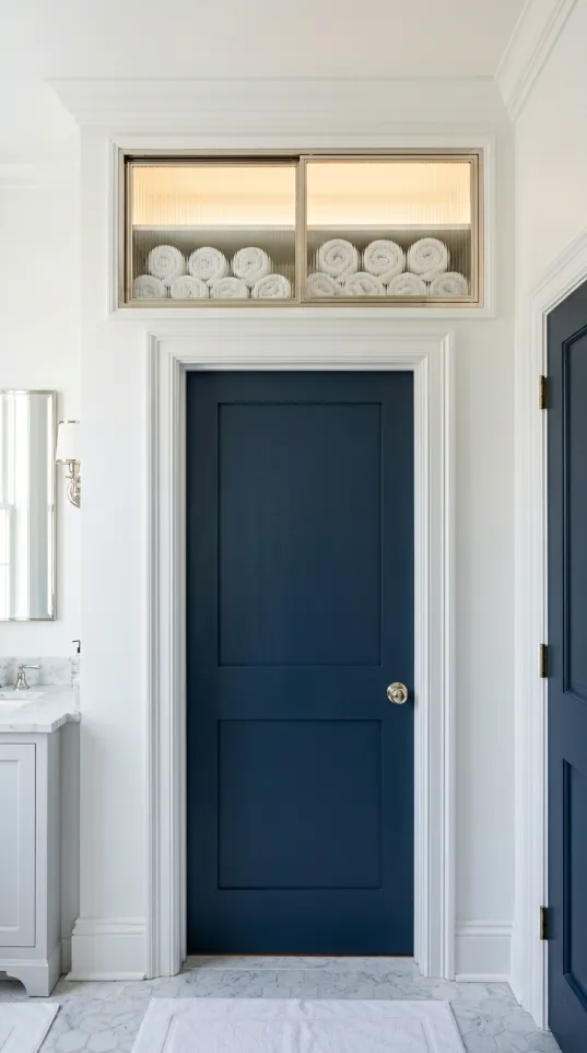 A built-in storage cabinet located above a bathroom door used for storing rolled white towels.