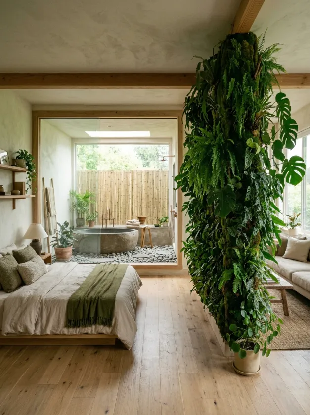 Organic Room Partition Idea Tall plant wall separating a bedroom from a living area with wood floors.