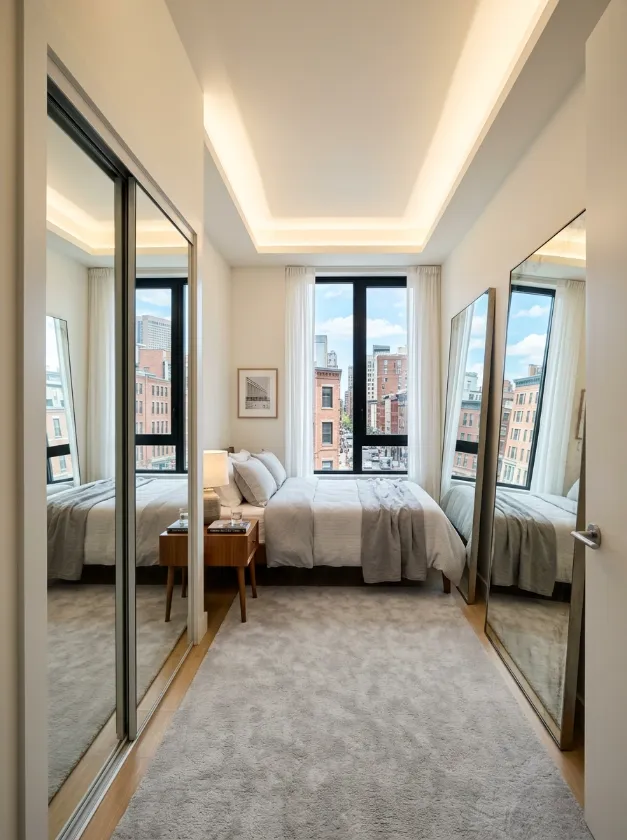 Narrow bedroom with multiple tall mirrors on side walls.

