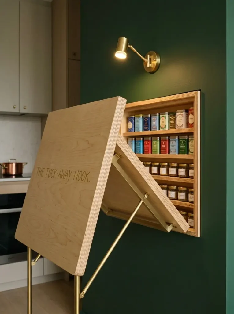 Folding Wall Table and Spice Cabinet Wooden drop down wall table revealing a hidden spice cabinet inside.