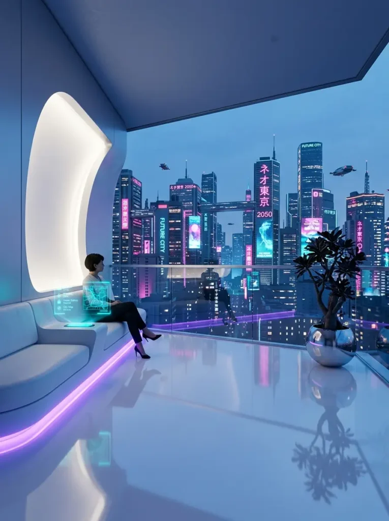 A sleek futuristic white balcony with built in seating glowing purple lights and a floating holographic display panel against a sci fi cityscape.