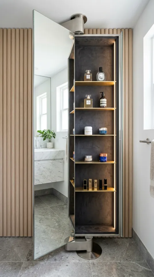 A revolving mirror storage tower with dark interior shelving for perfumes and toiletries.