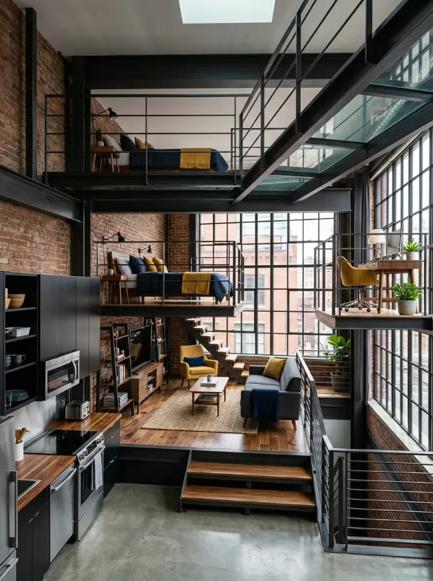 Steel and Glass Industrial Design Multi level industrial studio with glass floors and black steel frames.