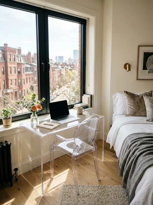 Home office nook with clear acrylic desk and chair.