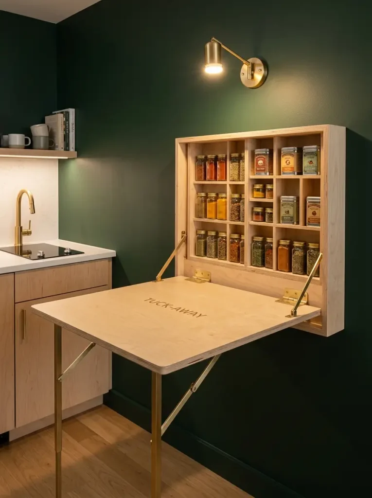 Concealed Wall Mounted Spice Cabinet Opened wooden wall cabinet holding glass spice jars against a dark green wall.