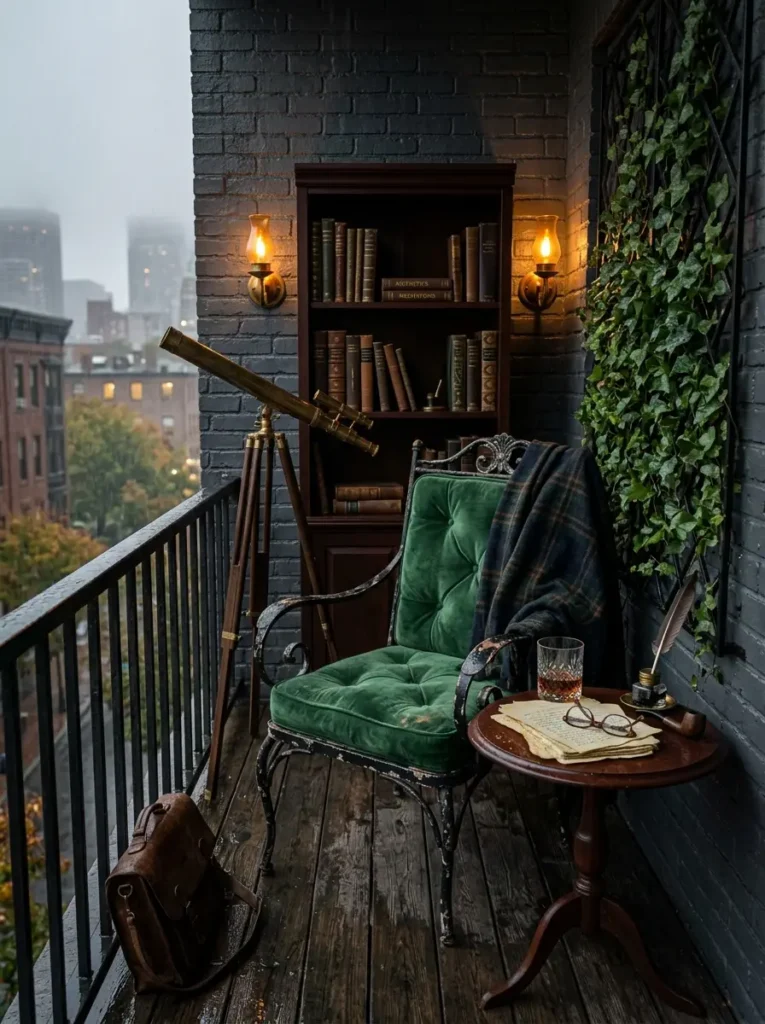 A dark brick balcony transformed into a vintage reading nook with tall wooden bookcases a green velvet armchair an antique telescope and a quill on a small table.