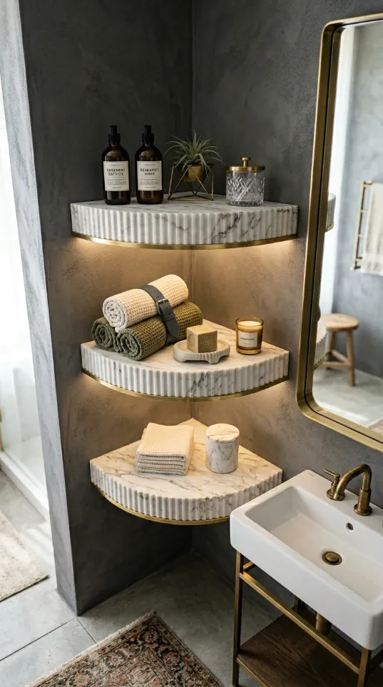 Three-tiered corner shelves made of fluted white marble holding towels and bath accessories.