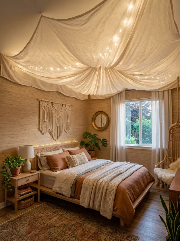 Cozy bedroom with white fabric draped over the ceiling
