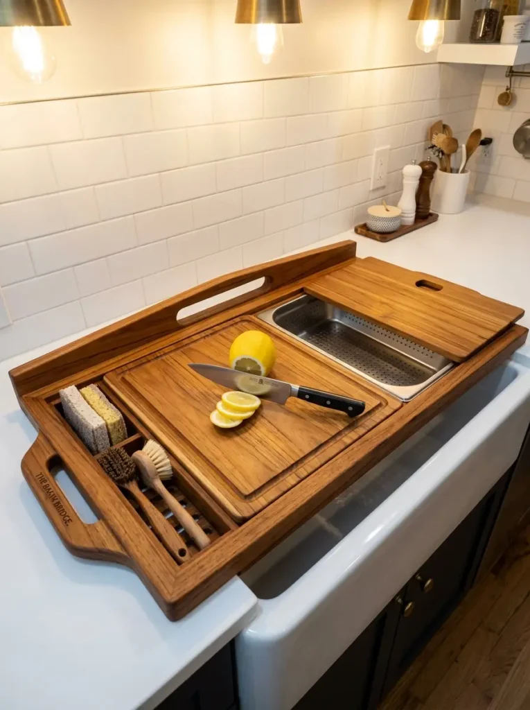 Over Sink Wooden Workstation Large wooden cutting board resting over a white ceramic sink with built in compartments.