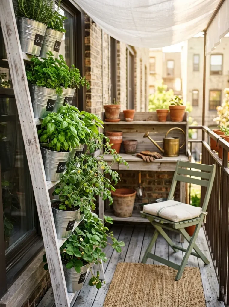 A small balcony herb garden featuring a white distressed wooden ladder holding galvanized buckets filled with basil parsley and strawberry plants.