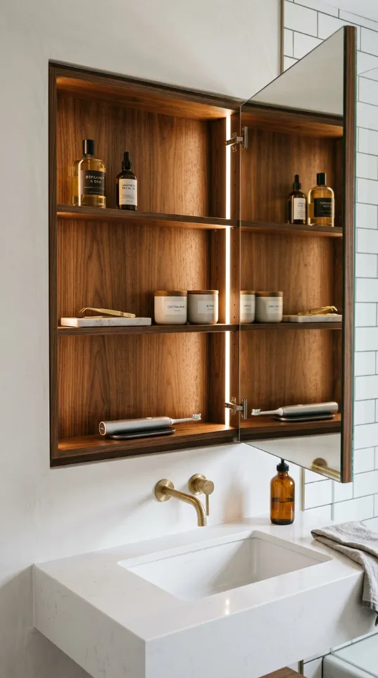 Open medicine cabinet with a mirrored door and walnut wood interior holding various toiletries and electric toothbrushes.