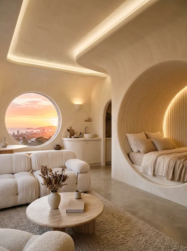 Soft Curve Architectural Nook Organic plaster wall with a bed tucked inside a circular alcove at sunset.