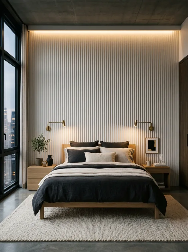 Bed headboard wall with white vertical textured panels.
