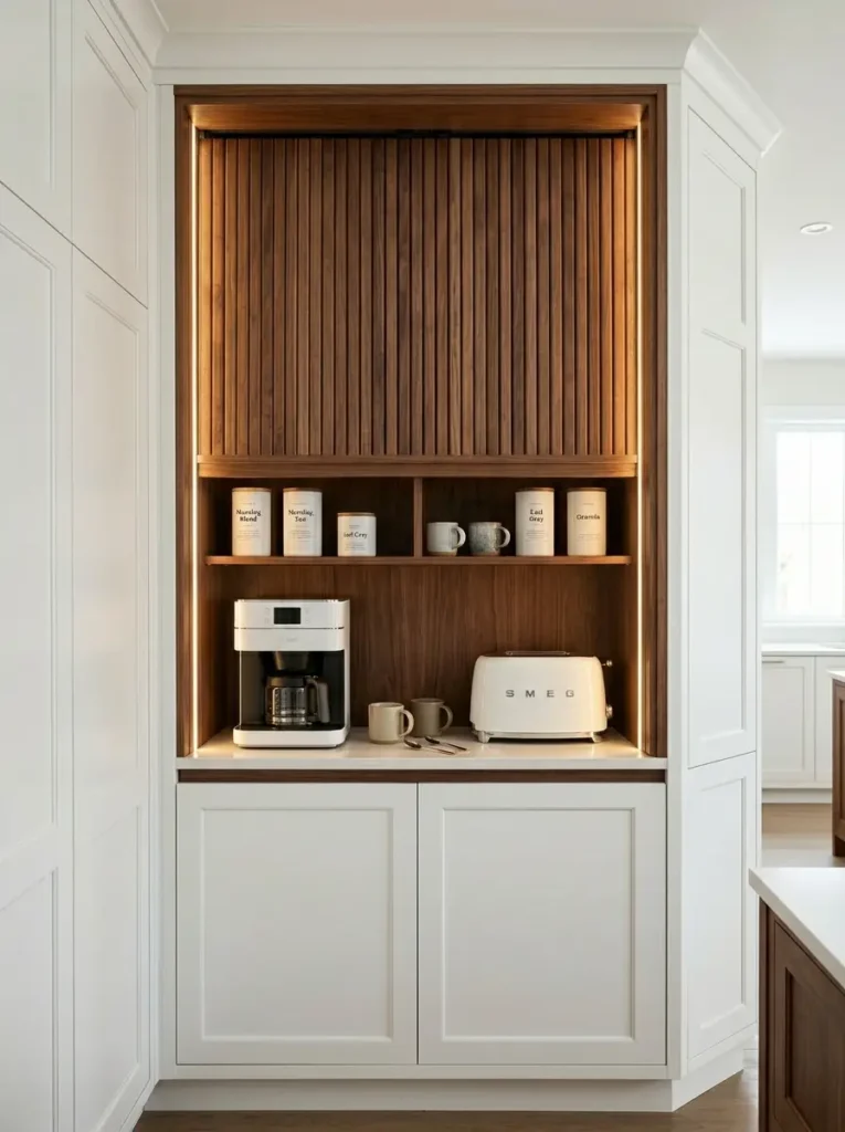 Recessed Wooden Appliance Nook Warm wooden wall alcove housing a coffee maker and a white toaster.