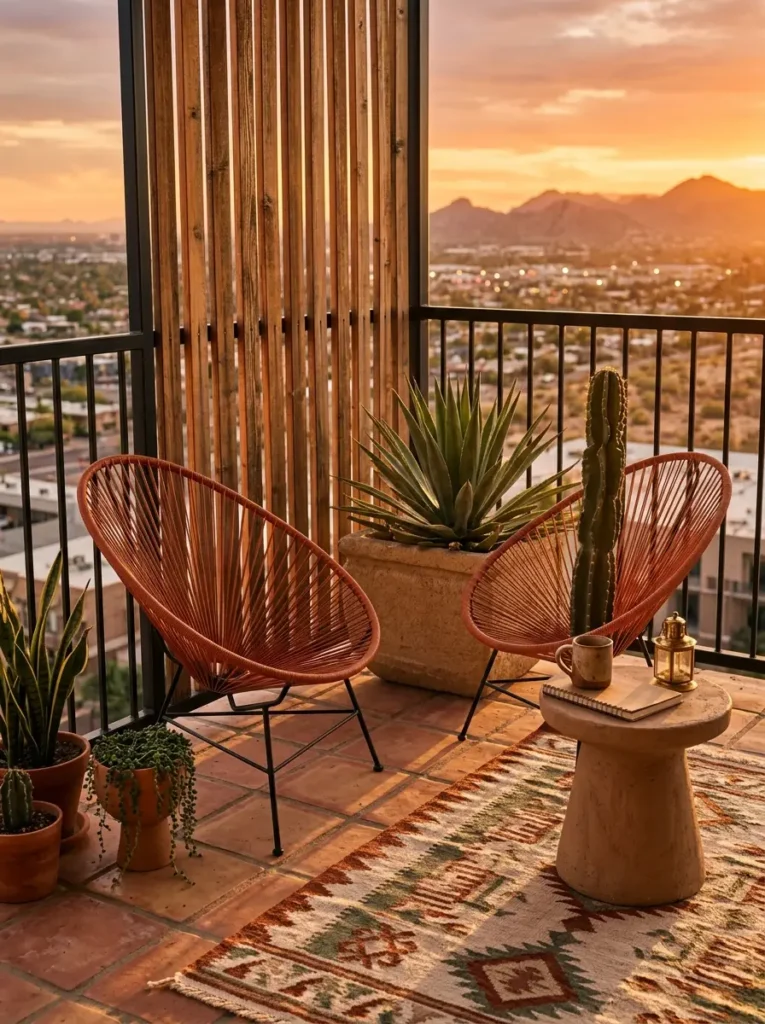 A warm desert themed balcony with two orange woven chairs terracotta floor tiles large potted agave plants and a patterned rug facing a mountain sunset.