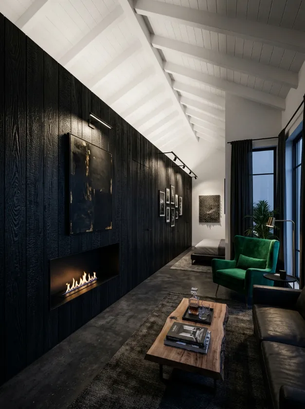 Dark Timber Interior Theme Black wood walls and a modern fireplace in a sophisticated studio apartment.