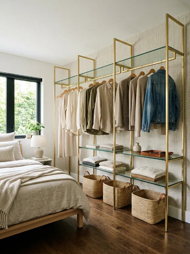 Gold and glass open shelving unit next to a bed.