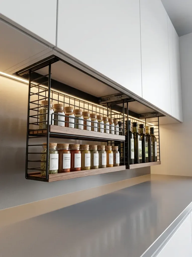 Drop Down Under Cabinet Rack Black wire drop down rack holding spice jars beneath white upper kitchen cabinets.