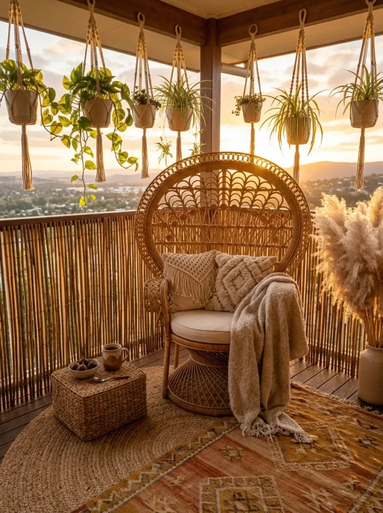 A bohemian balcony featuring a large rattan peacock chair hanging macrame planters a woven pouf and tall pampas grass at sunset.