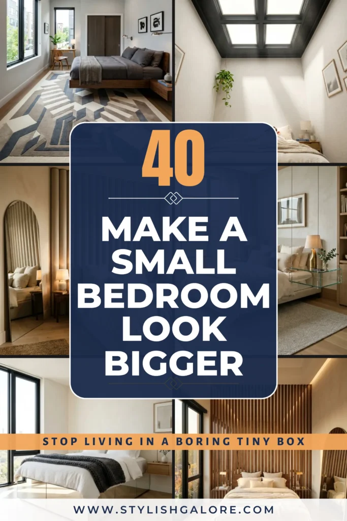 Pinterest collage showing six modern bedroom decor ideas with a central text overlay about making tiny spaces look much bigger.