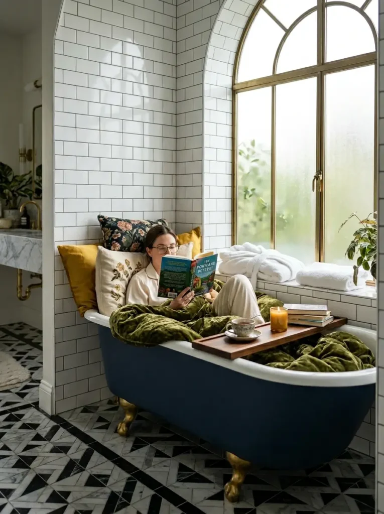 Title Attribute: Bathtub Reading Lounge For Tiny Apartments Woman reading a book in a dark blue tub representing small reading nook ideas