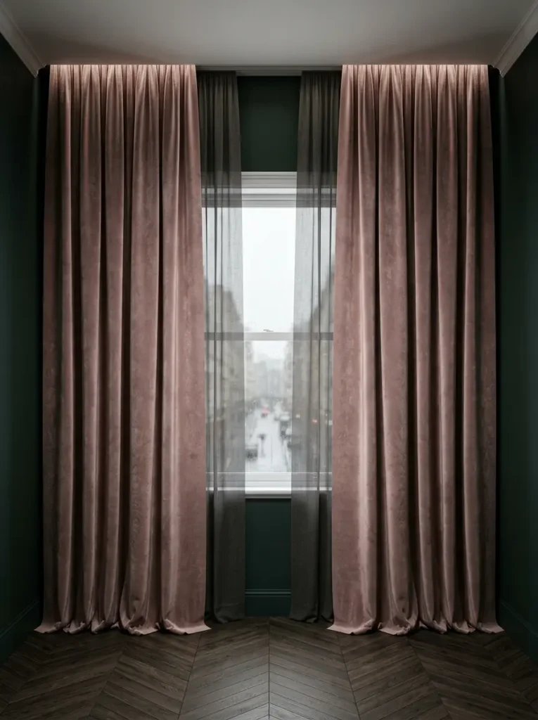 Ceiling Height Pink Curtains Long dusty rose curtains hang from the ceiling to the wood floor inside a dark green room.