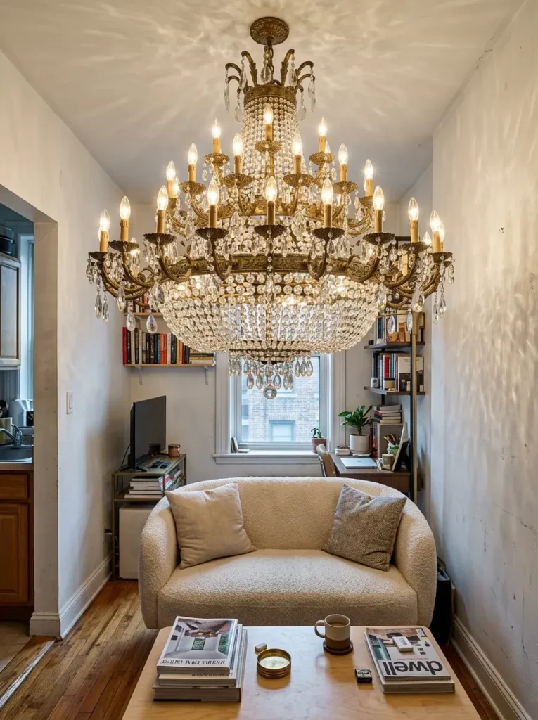 Massive ornate crystal chandelier hanging low over a small beige sofa in a narrow apartment living room