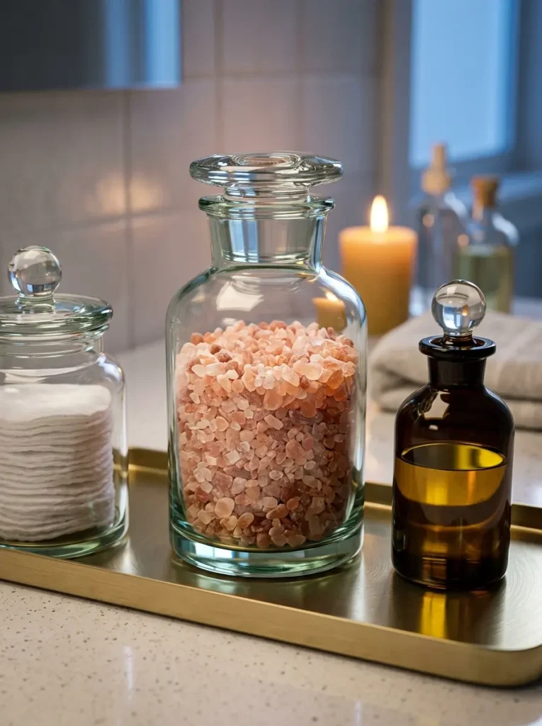 Three glass apothecary jars holding bath salts and cotton pads sit on a brass tray.
