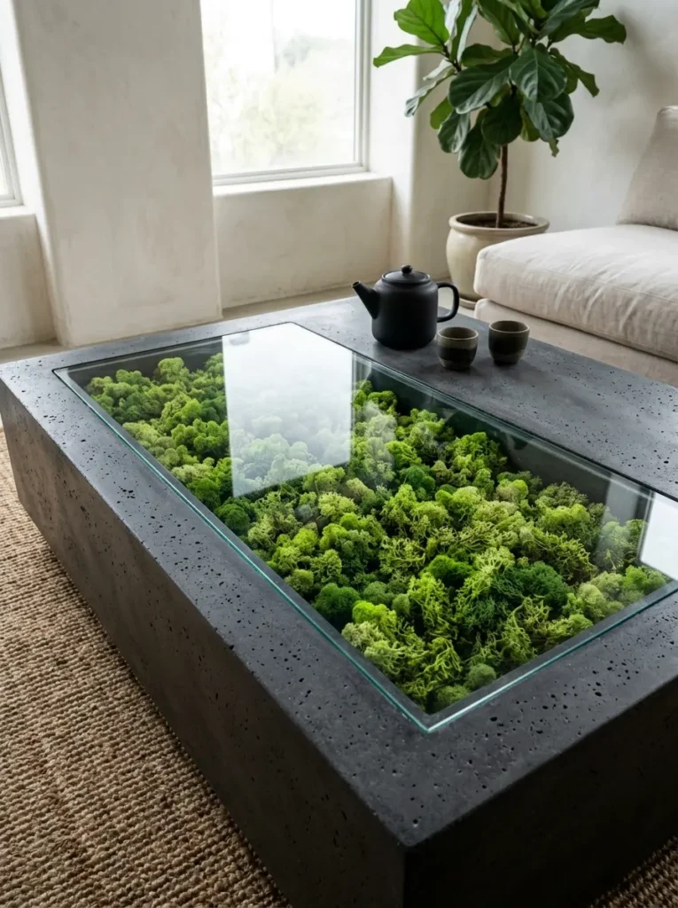 Concrete Botanical Coffee Table For Small Spaces Low profile dark gray concrete coffee table with green moss under a glass center panel