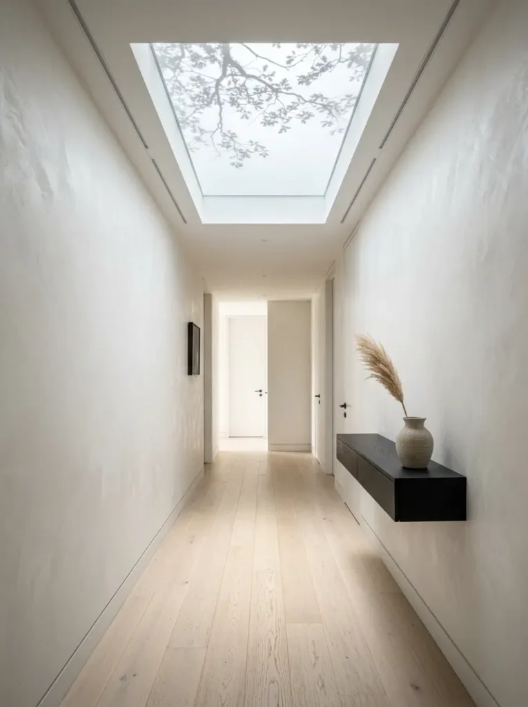 Faux ceiling skylight acting as lighting for dark apartments in a narrow white hallway.