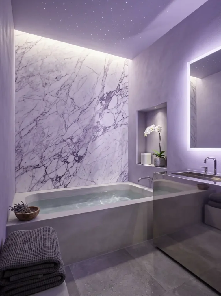 Soft Lavender Bathroom Paint Small bathroom with soft lavender paint and marble wall