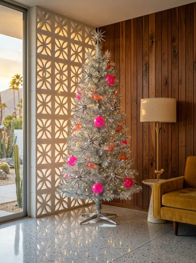 Silver tinsel pencil tree with pink flamingo ornaments and metallic starbursts in a retro living room