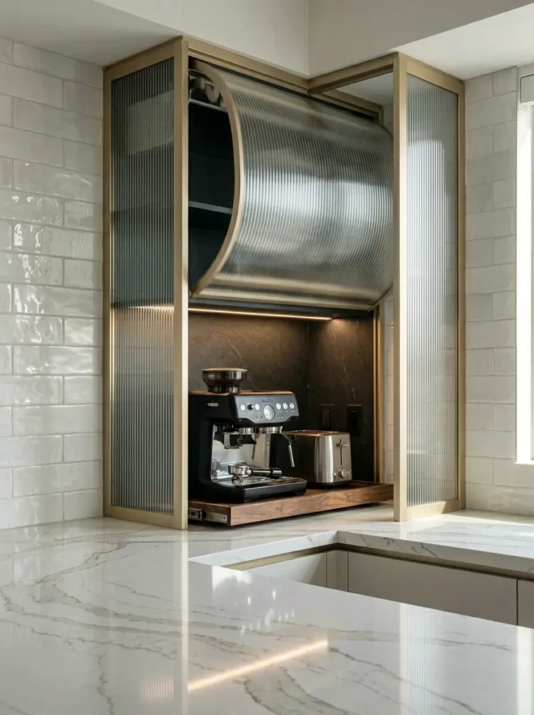 Fluted glass door slides up to reveal a black espresso machine and toaster inside a kitchen cabinet.