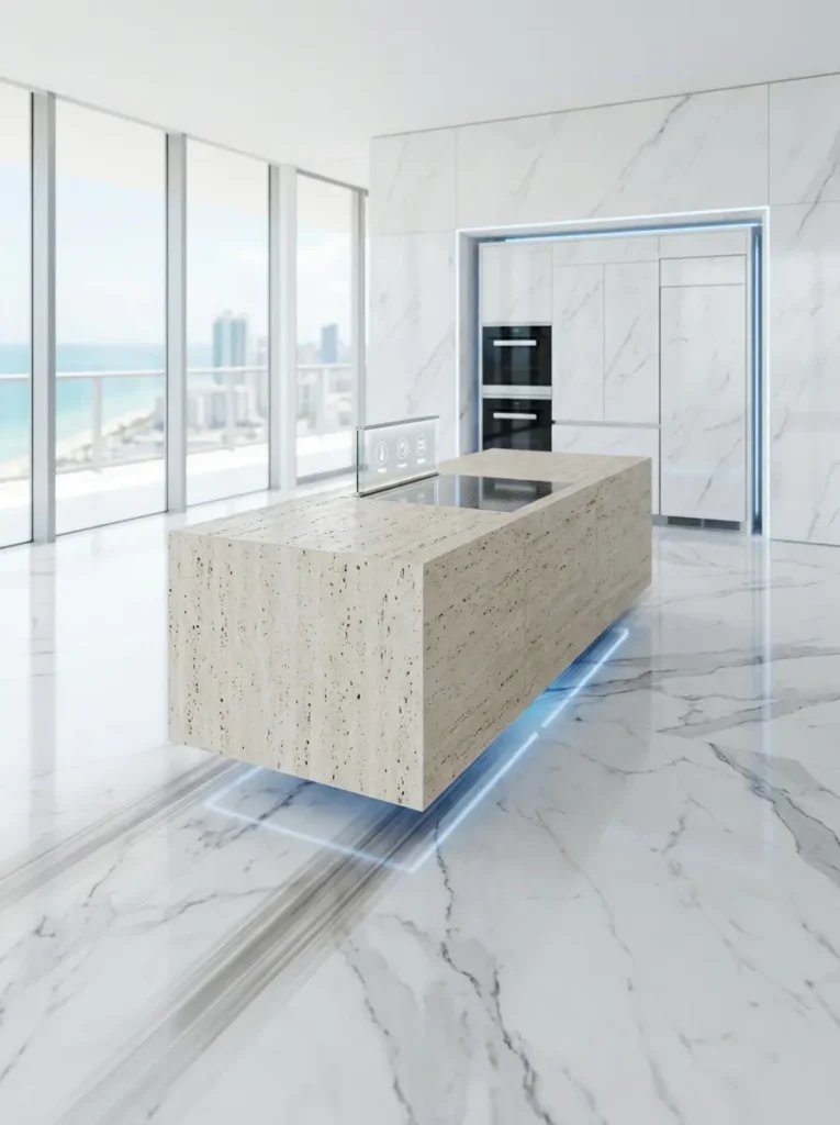 A modern beige stone kitchen island hovering above a white marble floor with glowing blue under-lighting.