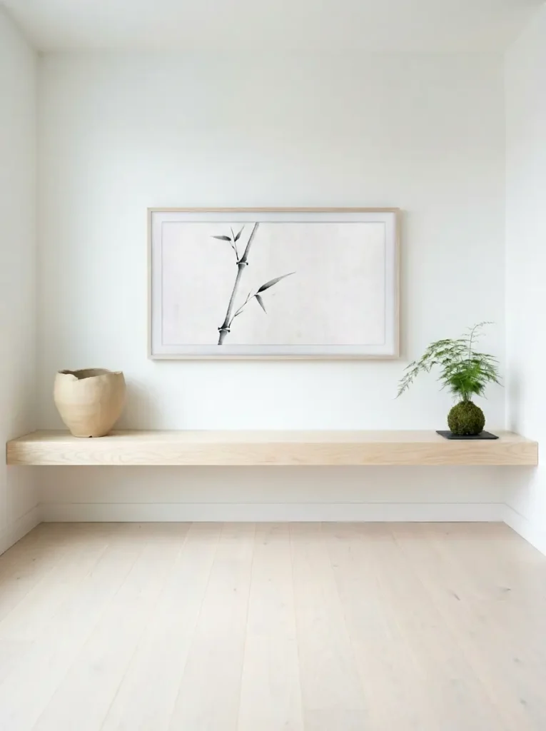Minimalist floating wood console under a framed screen in a small living room tv wall setup.