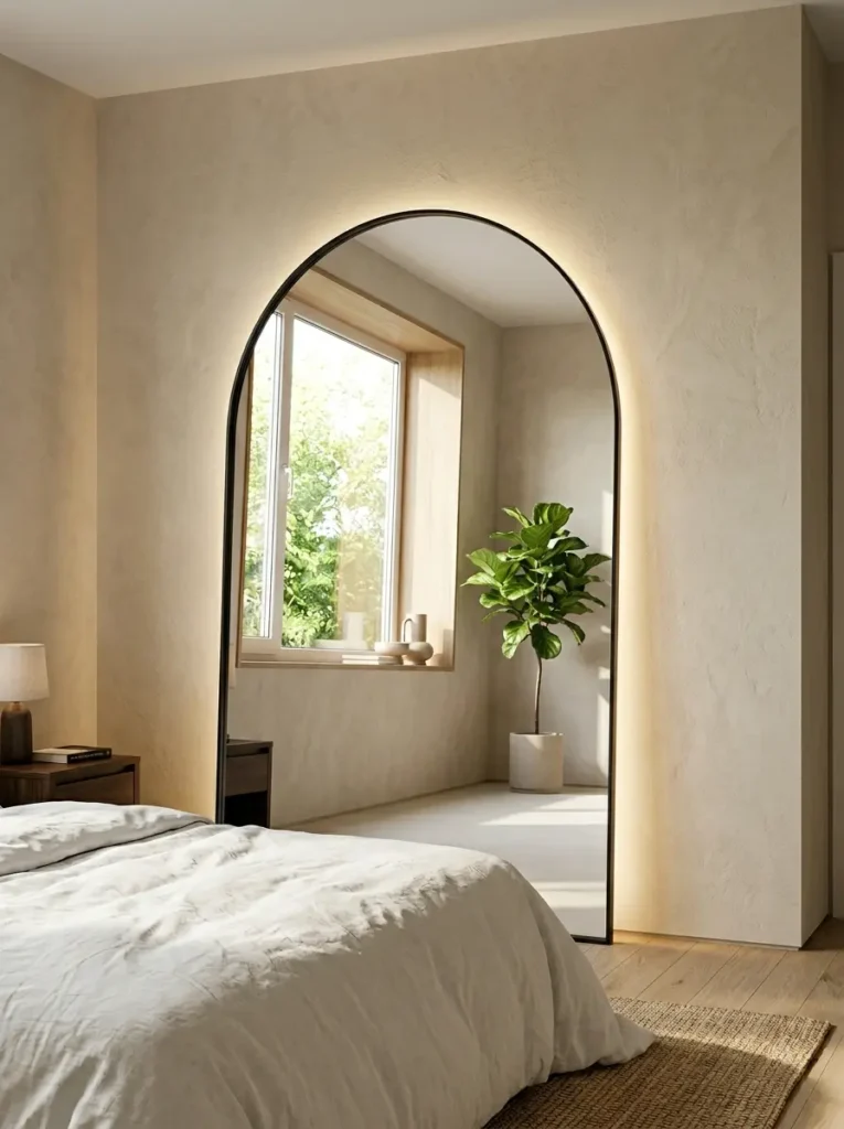 Massive backlit arched floor mirror leaning against a bedroom wall reflecting a tall green plant and window to make the space feel bigger.