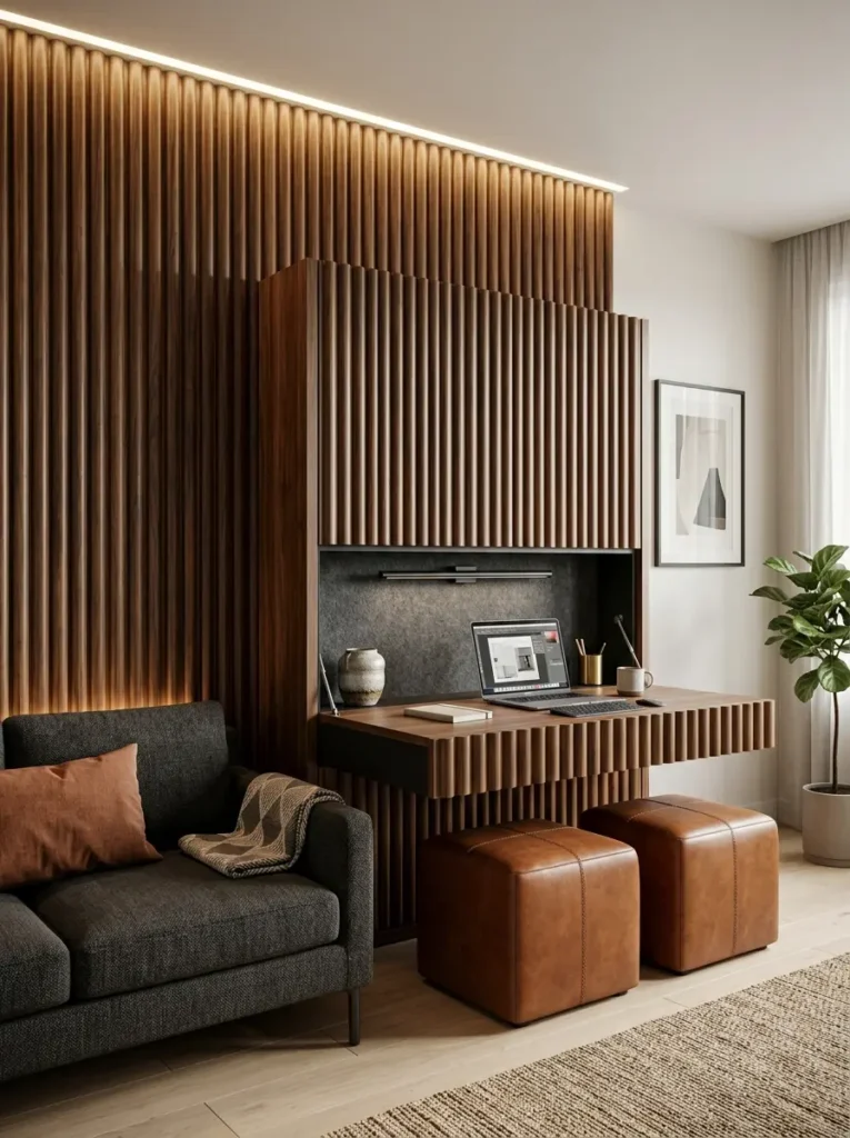 Fluted wood foldable desk with laptop station and two brown leather ottomans in a modern small living room.