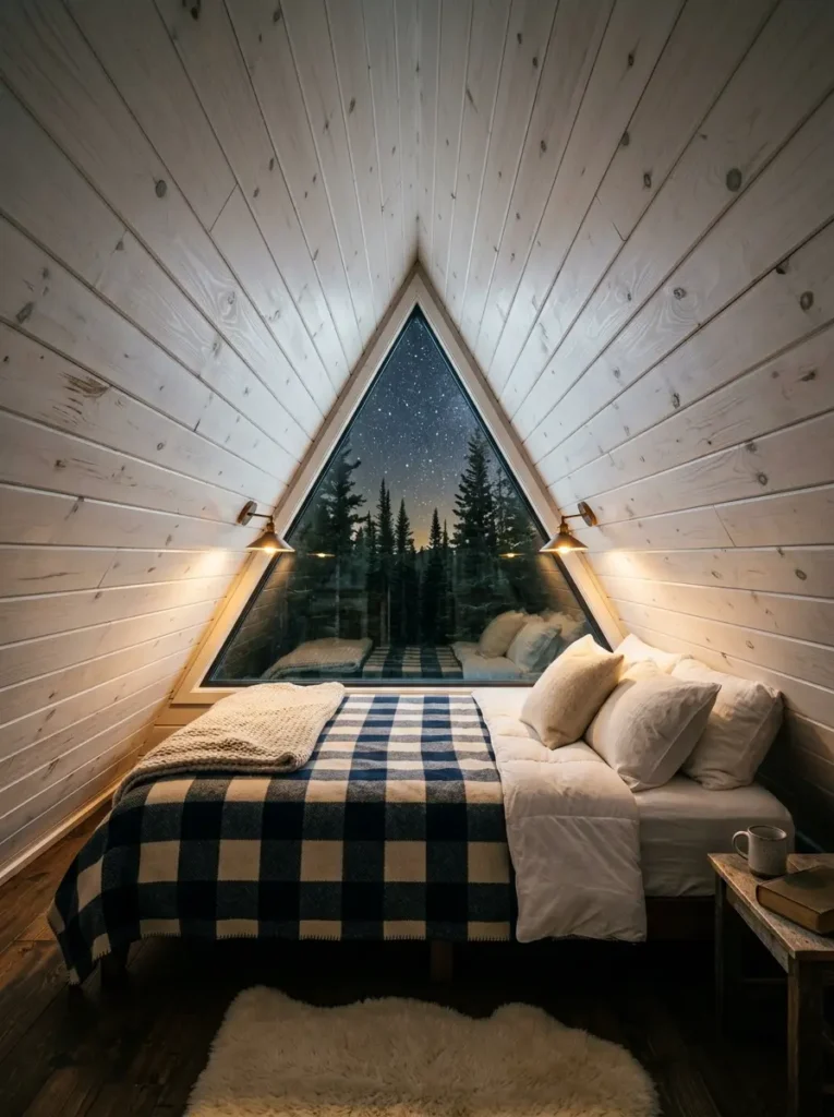 Slanted wooden attic bedroom with a triangular window and blue checkered bedding showing aesthetic small space decor ideas
