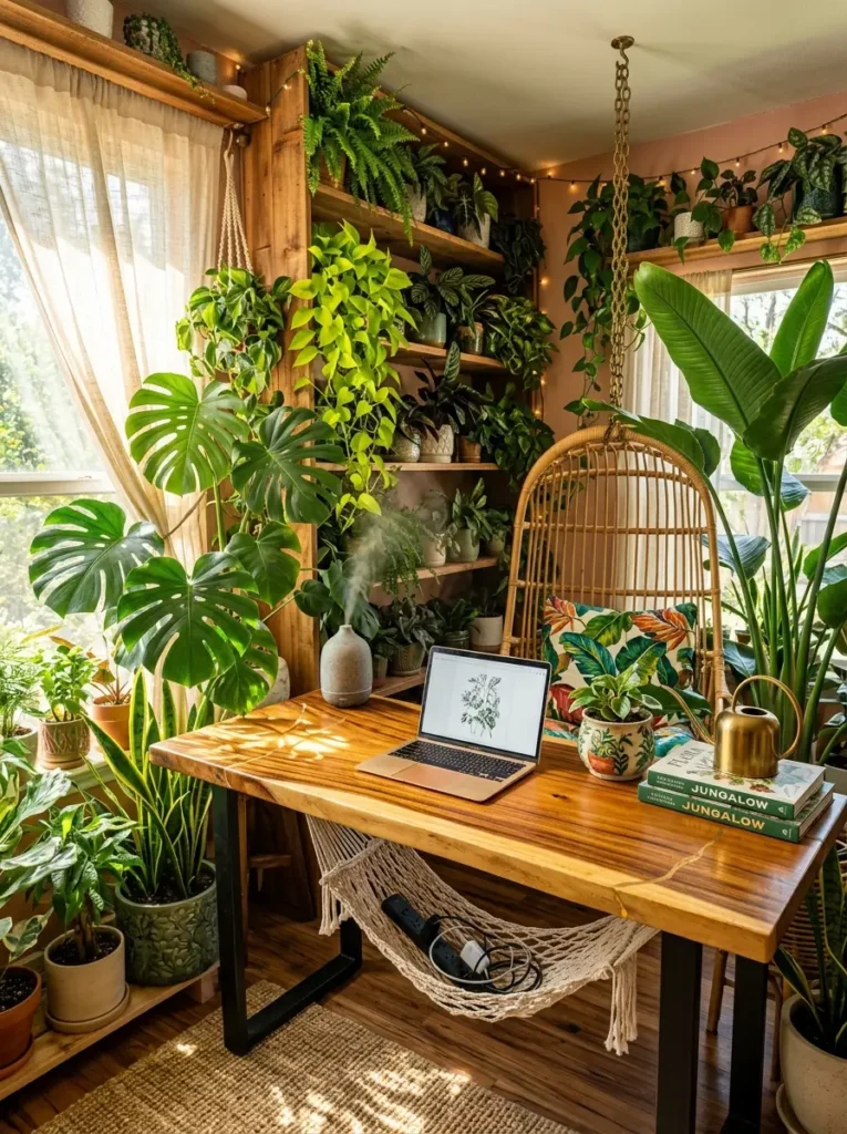 Wooden desk surrounded by many green plants and monstera leaves.