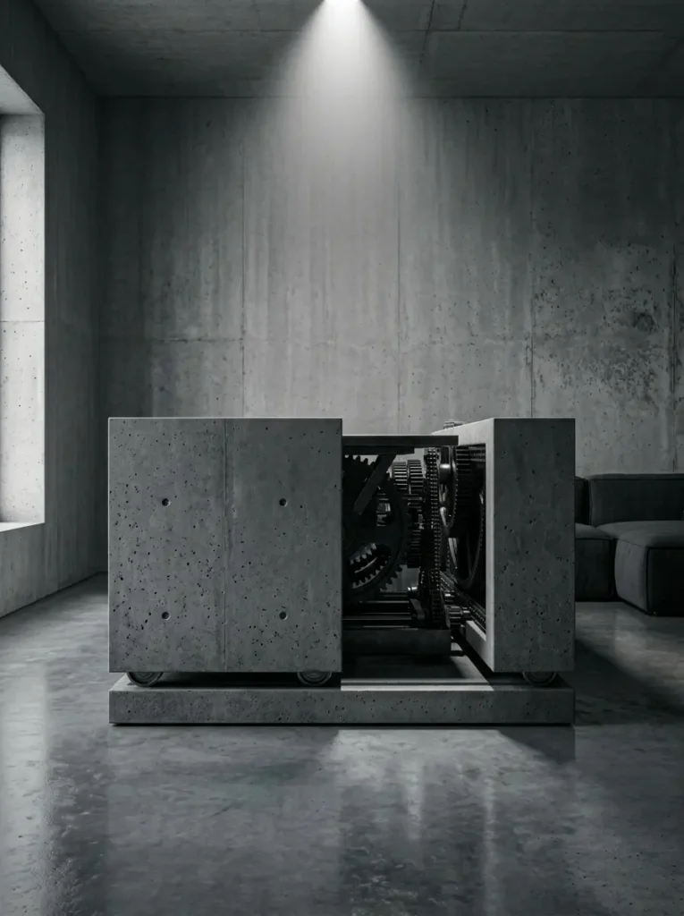 Industrial Concrete Gear Table Large square concrete coffee table featuring an exposed mechanical gear system in the center gap.