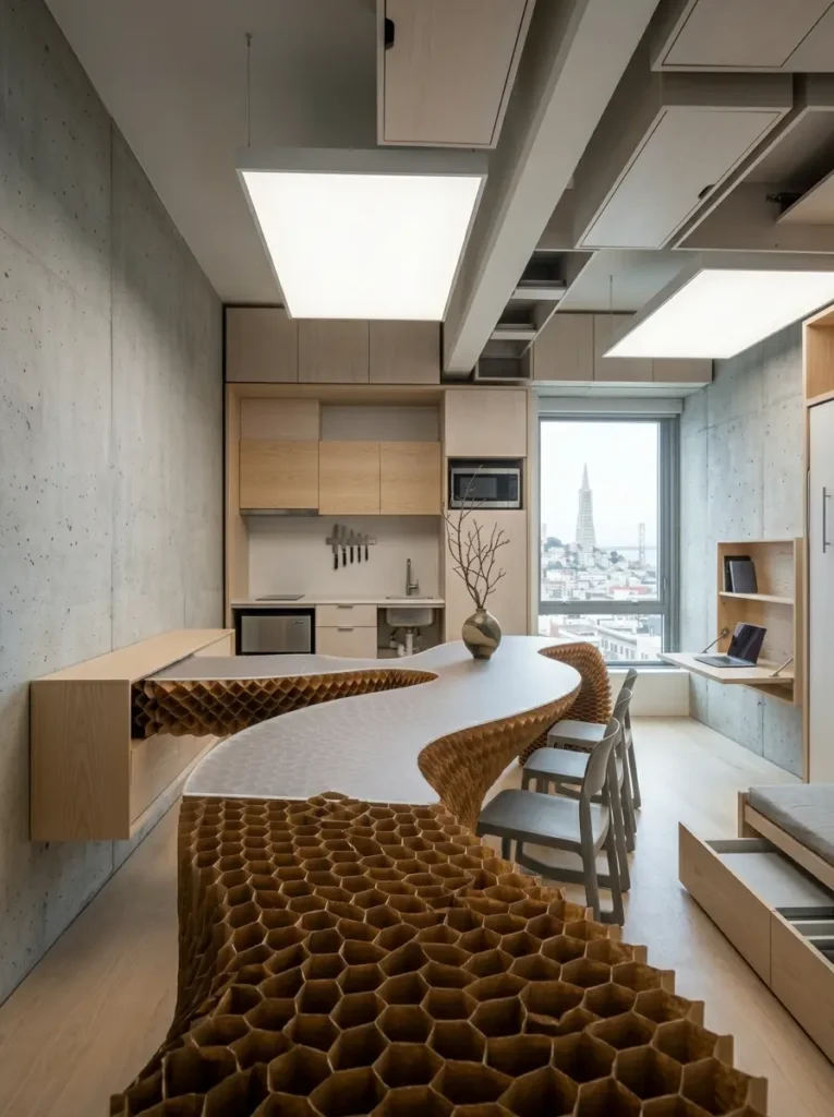 Honeycomb Paper Fold Out Dining Setup Expandable brown honeycomb space saving dining table extended from a wall cabinet.