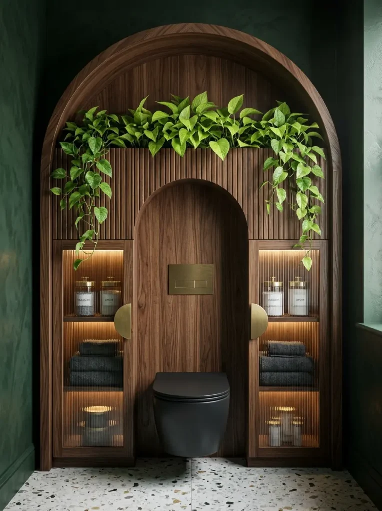 Arched walnut wood over the toilet storage cabinet with glass doors and green plants